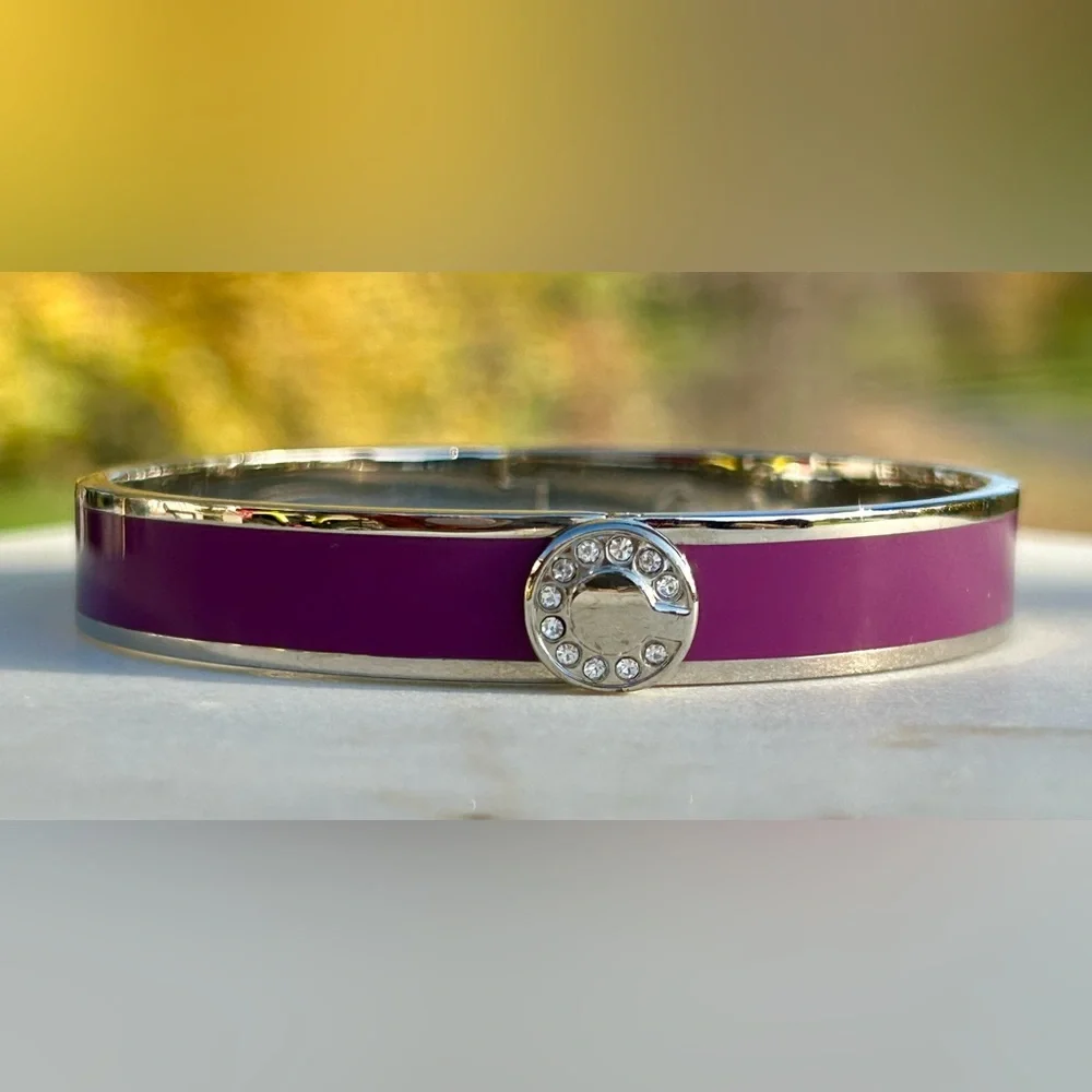 Coach Signature C Magenta Purple Silver Enameled Hinged Bangle Bracelet